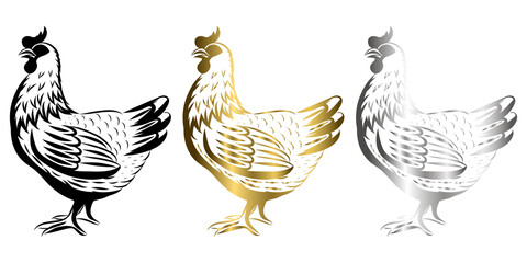 Vector Line Art Illustration logo of a chicken It is standing there are three color black gold silver