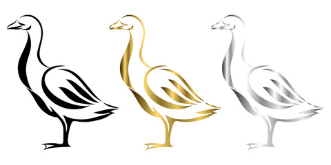 Vector Line Art Illustration logo of a goose It is standing there are three color black gold and silver