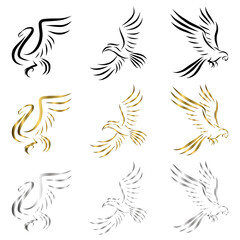 Set of line art vector logo of Three kinds of birds flying There are swans macaws and hornbills Can be used as a logo Or decorative items