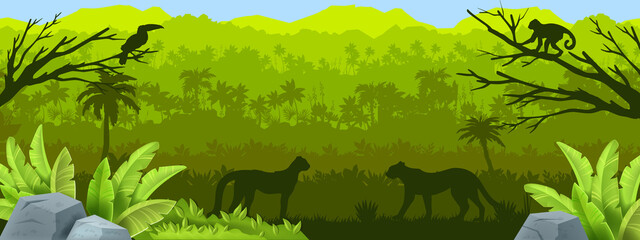 Jungle forest vector silhouette background, tropical Amazon outline landscape, rainforest panoramic view. Nature wildlife illustration, leopard, monkey, toucan, palm, stone. Jungle silhouette banner - obrazy, fototapety, plakaty
