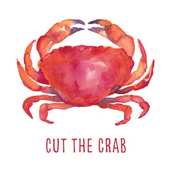 Cut the crab! Whimsical funny watercolor painting with crab and text, on white background