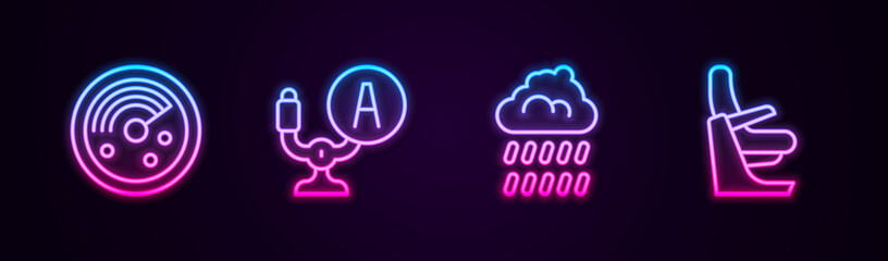 Set line Radar with targets on monitor, Aircraft steering helm, Cloud rain and Airplane seat. Glowing neon icon. Vector