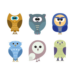 Set of flat owls on white.