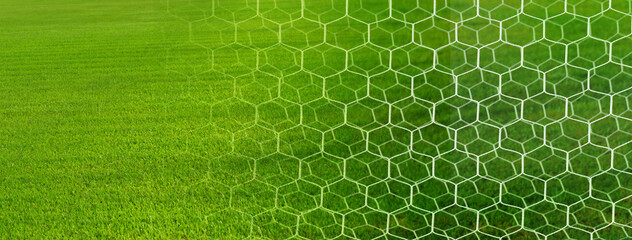 white net of football or soccer goal with green grass sport filed banner background