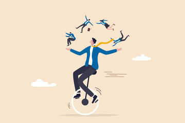 People management or HR, human resources, diversity or inclusive, career and recruitment concept, smart skillful businessman manager riding unicycle balance juggling team members diversify people. © Nuthawut