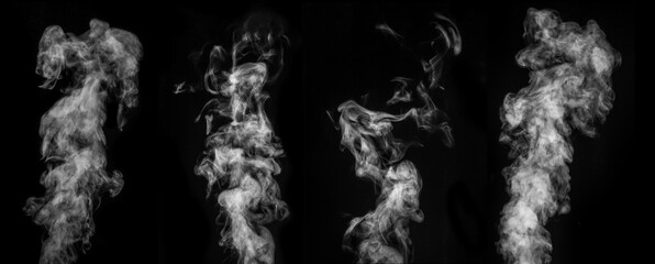 A perfect set of four different mystical curly white steam or smoke on a black background