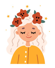Little blonde girl in a wreath of poppies.Concept of goodness and freedom.Cute book illustration.