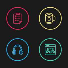 Set line Headphones, Browser with shield, Cup of tea tea bag and Clipboard checklist icon. Vector