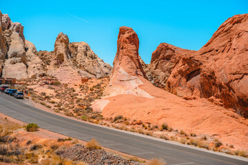 Valley of Fire National Park in Nevada. Orange amazing landscape, stones of different shapes and a fire wave