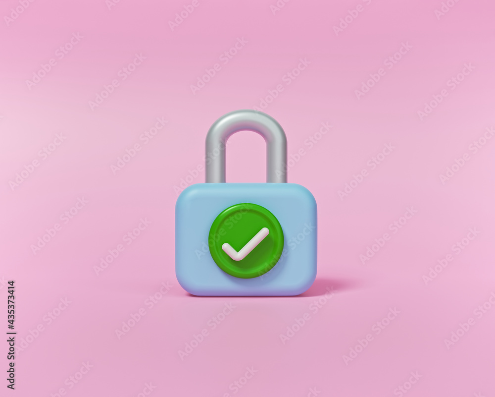 Poster minimal lock with check mark sign. security, encryption, privacy concept. 3d rendering