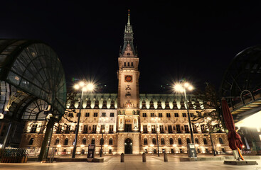 Fototapeta na wymiar Rathaus in Hamburg bei Nacht