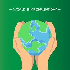 World Environment Day. Human hand holding earth save planet flat vector illustration 