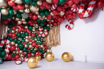 Fotobehang christmas decorations with colored balloons on background © Alex Shadrin