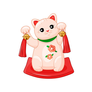 Lucky Japanese cat Maneki neko. A symbol of good luck. Vector illustration. Vector illustration