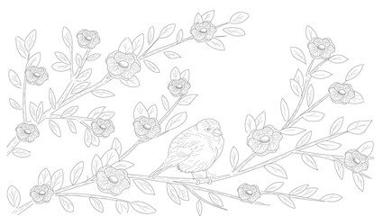 Hand drawn bird is sitting on the branch of blooming sakura tree. Sketch. 