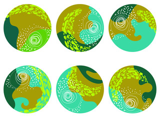 Set of round floral abstract colorful backgrounds. Hand drawn doodle shapes. Spots, drops, curves, lines. Contemporary modern trendy vector illustration. Social media Icons templates  