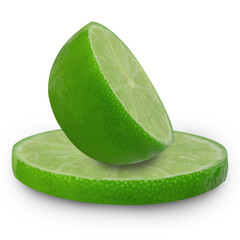 Juicy slice of green lime isolated on white background with clipping paths.