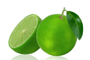 One green lemon fruit with leaf and a half isolated on white background with clipping paths.