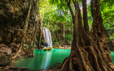 Beautiful nature scenic landscape Erawan waterfall in deep tropical jungle rain forest, Attraction...