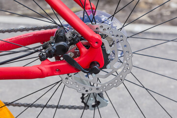 Rear disk brake of bicycle, close-up in selective focus