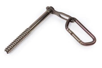 Tubular ice screw with carabiner inserted in his eyelet