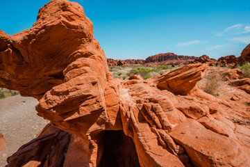 Valley of Fire National Park in Nevada. Orange amazing landscape, stones of different shapes and a...