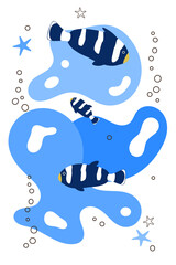 Abstract modern background in blue color with sea fishes, blots and stars on a white isolated background. Simple nautical background for packaging, flyer, brochure, wall design.