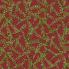Fototapeta premium Simple minimal green fern leaves tropical seamless pattern. Red background. Flat jungle foliage modern texture. Stock vector illustration.