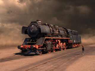 Historical locomotive with dramatic cloudy sky in abandoned industrial area, child watching the scene
