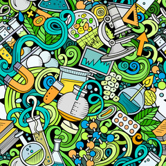 Science hand drawn doodles seamless pattern.