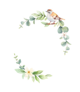Watercolor vector wreath with green branches and bird.