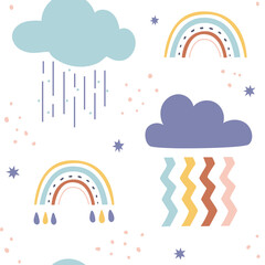 Childish seamless pattern with clouds and rainbows. Cute kids celestial texture for fabric, wrapping, textile, wallpaper, apparel.