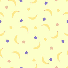 Cute seamless yellow banana and stars pattern. Doodle or cartoon background with bananas for textile, fabric, paper, decoration. Yellow background with stars and bananas pattern. Vector Tile EPS 8