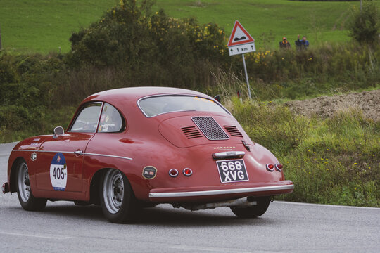CAGLI, ITALY - Oct 27, 2020: CAGLI , ITALY - OTT 24 - 2020 : PORSCHE 356 A CARRERA 1500 GS 1956 on an old racing car in rally Mil