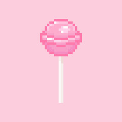 Pixel art lollipop illustration. Vintage classic round lollipop in retro 8 bit gaming style. Pixel isolated pink round lollipop icon. Vector.