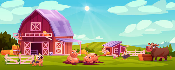 Colorful farmyard with domestic animals and poultry outside wooden barn green rural scenery vector illustration. Farm landscape, chicken coop, hens and rooster, cow eating hay, cute pigs, dog pet