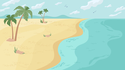 Fototapeta na wymiar Summer beach landscape panorama, flat cartoon background. Vector paradise, ocean or sea seashore, water, sand and palm trees. Summertime holidays vacation, seaside seascape, blue sky with clouds