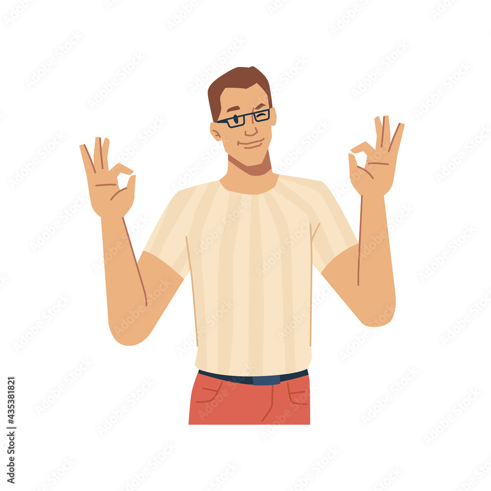 Poster smiling man wearing glasses showing okay sign, isolated male character gesturing and approving. sati