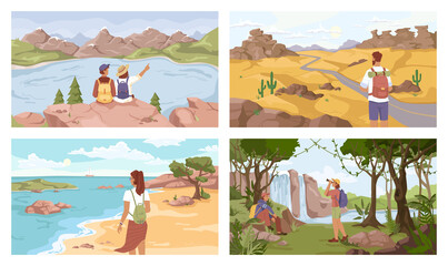 Travelers on different terrain set, mountains, lake, seashore, jungle, desert. Vector man woman with rucksacks, flat cartoon. Tourists, young explorer travel together. Trekking people with backpack