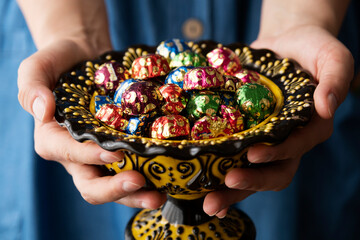 Colorful coated candies in hand-held glass bowl. Girl hand. Traditional Eid al-Fitr candies.