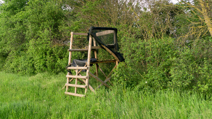 Lookout wooden ladder seat, also known as hunter's seat, hunter's high seat between the trees in...