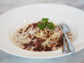 Spaghetti Carbonara with Unsmoked Bacon, Pancetta, Guanciale Heavy Cream, spaghetti alla carbonara food
