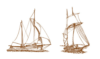 Sailing ship, graphic hand drawing. Sea or river transport, an isolated object. Vector