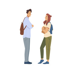 Male and female character talking or flirting, young boy and girl having conversation. University friends discussing classes, meeting man and woman wearing satchels. Vector in flat cartoon style