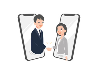 Businessman and woman talk through smartphone screens and shake hands. Online communication and business meeting, solated on white background. vector illustration. 