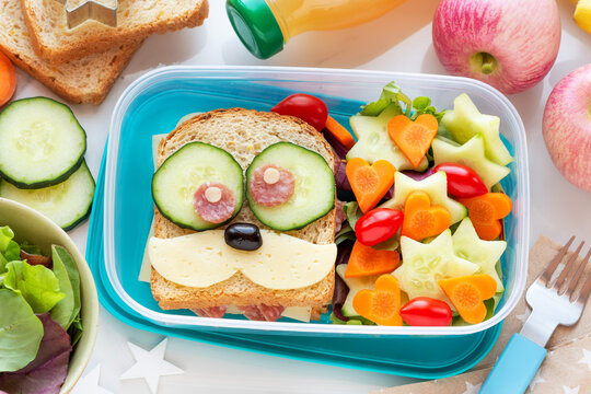 Back to school concept. Lunch box for kids with a cheese and salami sandwich, fresh salad leaves, cucumbers, carrots and tomatoes