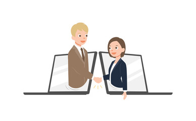 Businessman and woman talk through laptop screens and shake hands. Online communication and business meeting, solated on white background. vector illustration. 