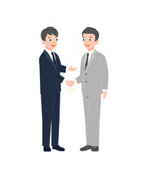 Two businessmen shaking hands. Business partnership and agreement, colleagues and cooperation, good deal and teamwork concept. Isolated on white background. 