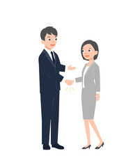 Businessman and woman shaking hands. Business partnership and agreement, colleagues and cooperation, good deal and teamwork concept. Isolated on white background. vector illustration. 