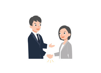 Businessman and woman shaking hands. Business partnership and agreement, colleagues and cooperation, good deal and teamwork concept. Isolated on white background. vector illustration. 